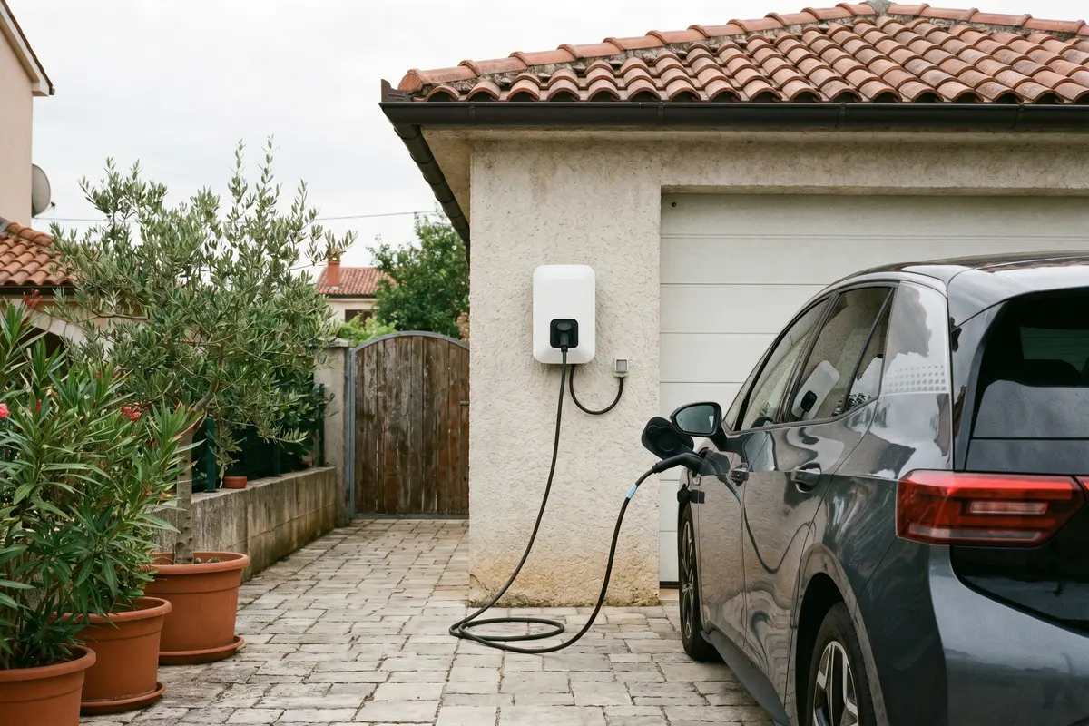 Zidna EV punionica puni električni automobil na kućnom prilazu