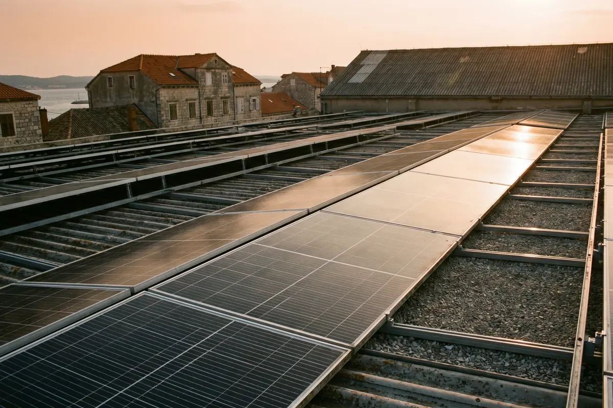 Solarni paneli na krovu poslovnog objekta u zalasku sunca
