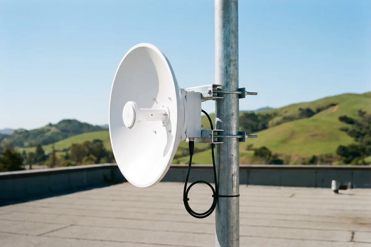 Point-to-point bežična antena na stupu s brdima u pozadini